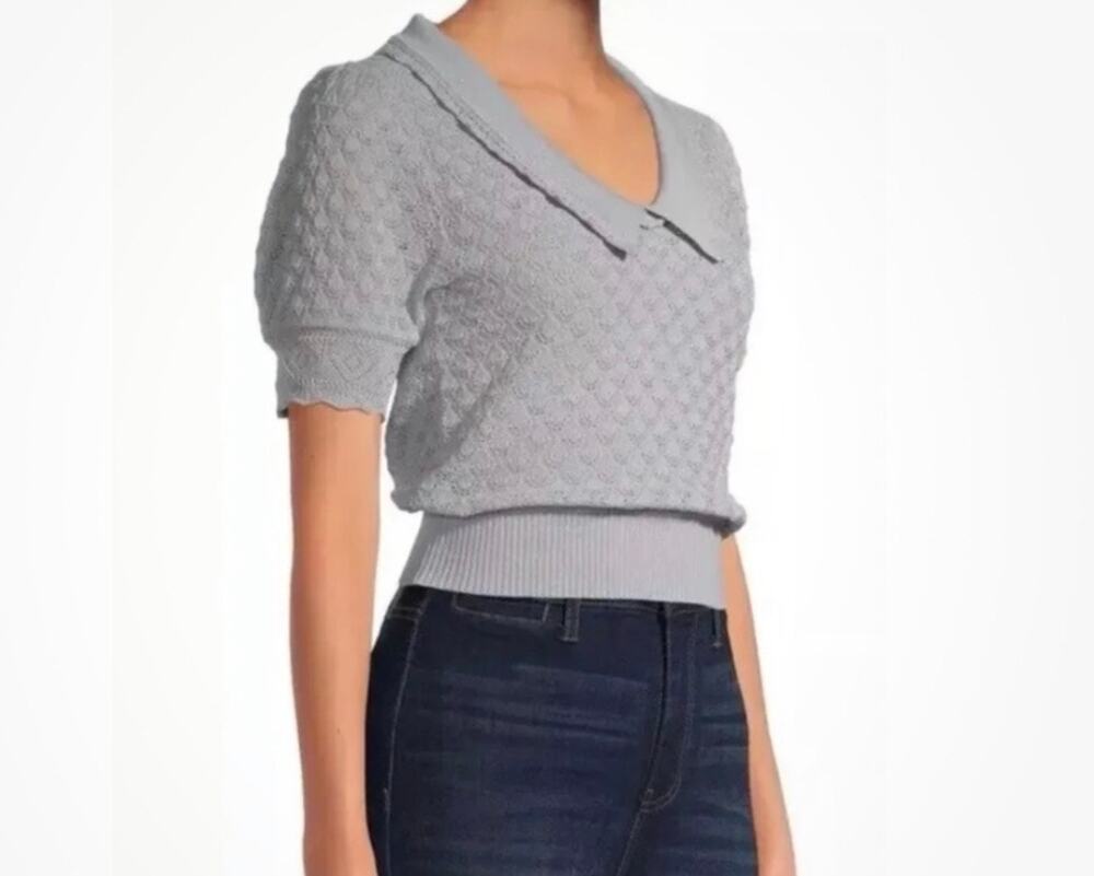 Attitude Unknown Pointelle Knit Collared Sweater Top Gray Medium Cottagecore